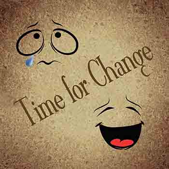 cartoon sad face to happy face with text 'time for change.'