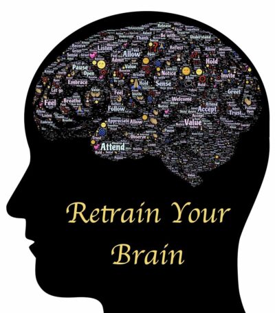 Meditate For A Longer Period-Mans Head with Words Retrain Your Brain